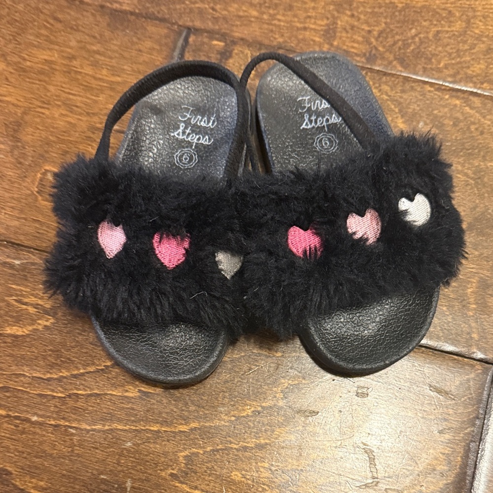 First Steps Black Fuzzy Kids Slippers with Heart Accents
